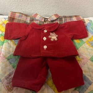 RARE Vintage Cabbage Patch Kids Boy Burgundy Corduroy Outfit With Teddy Bear